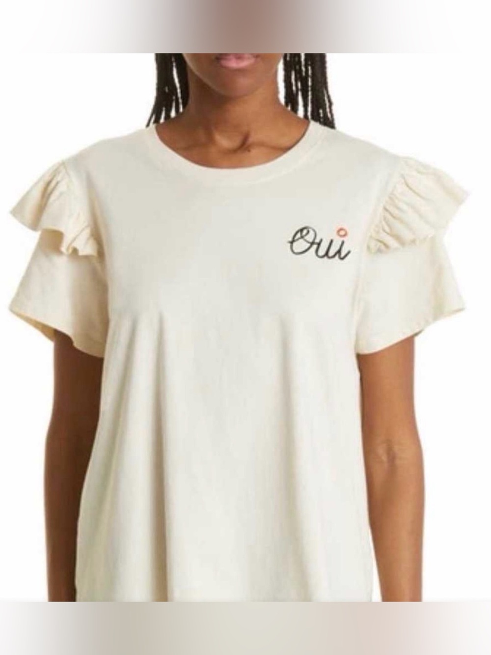 Clare V. Oui Embroidered Ruffle Sleeve Top - Cream Size Large